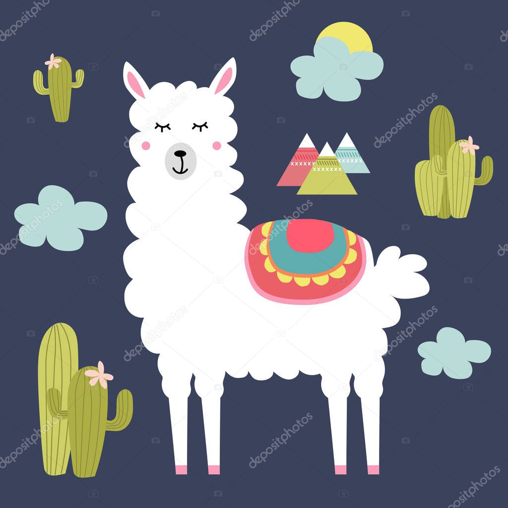 Cute alpaca and cactus elements. Editable vector illustration