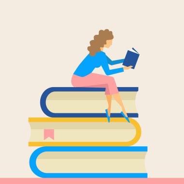 Kız elinde açık bir kitapla kitap yığınının üzerinde oturuyor, eğitim konsepti, düz vektör çizimi