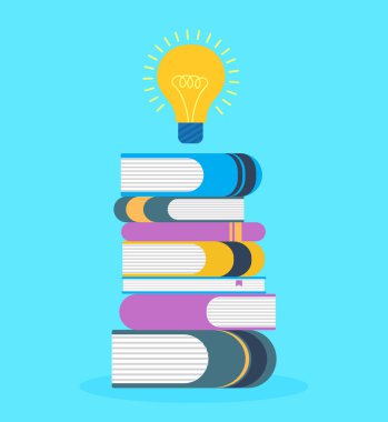 Ampul ve kitaplar, eğitim kavramı, vektör illüstrasyonu