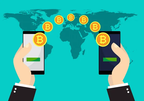 Bitcoin Échange Transfert Main Tient Téléphone Intelligent Avec Envoyer Bitcoins — Image vectorielle