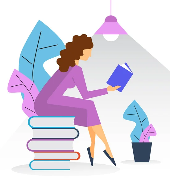 Linda Chica Morena Lectura Libro Concepto Educación Vector Moda Ilustración — Vector de stock