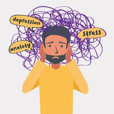 Anksiyete, depresyon, stres adam başını tutun, vektör illüstrasyon