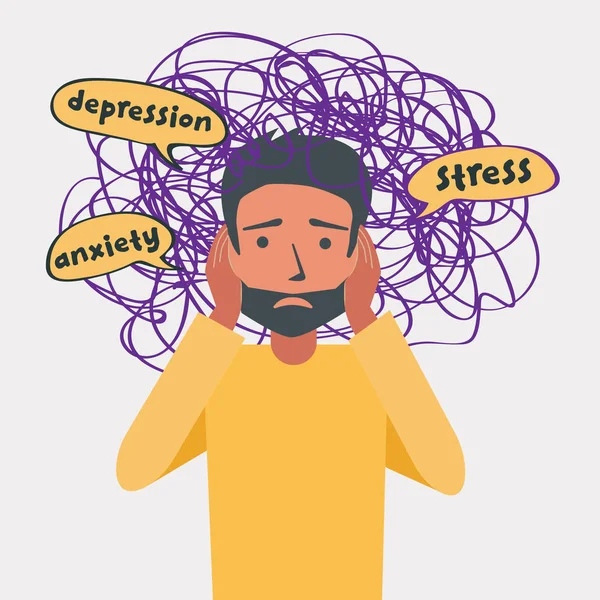 Anxiety, depression, stress concept, stress man hold his head, vector illustration