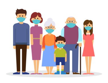 Virüsü ve vektör illüstrasyonunu önlemek için tıbbi maskeli büyük aile