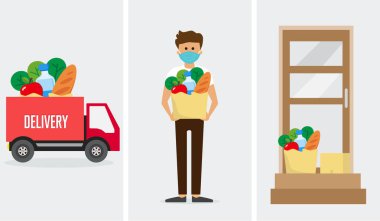 Gıda güvenli teslimat servisi, çevrimiçi sipariş izleme, kurye maske takan müşterinin evine market siparişi, vektör illüstrasyon
