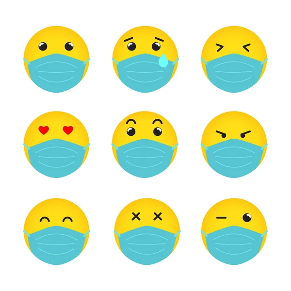 Emoticon Dengan Topeng Medis Konsep Emoji Covid Ilustrasi Vektor - Stok Vektor