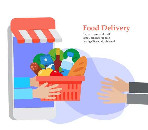 Dostawa Żywności Online Ręczne Trzymanie Koszyka Żywności Ilustracja Wektor — Wektor stockowy