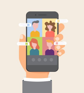 Bir cep telefonu üzerinde akıllı çalışma ve video konferansı, vektör illüstrasyonu