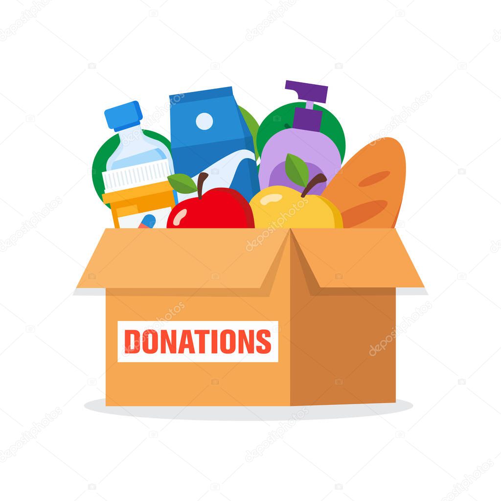 charity donation box with food, humanitarian support vector illustration design