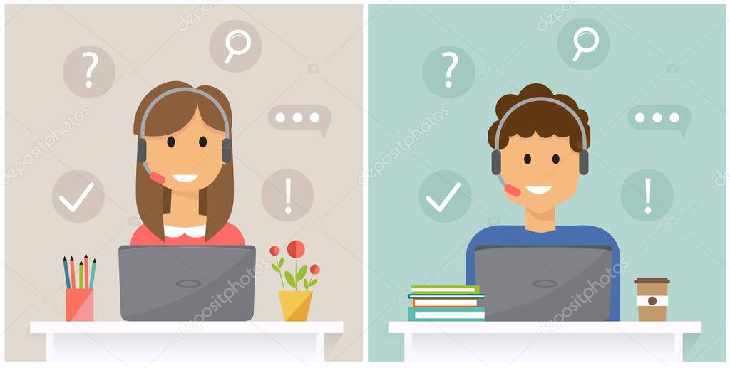 Woman and man operator of call center office with laptop working in headphones. Customer service, answer questions and find solution. Illustration vector.
