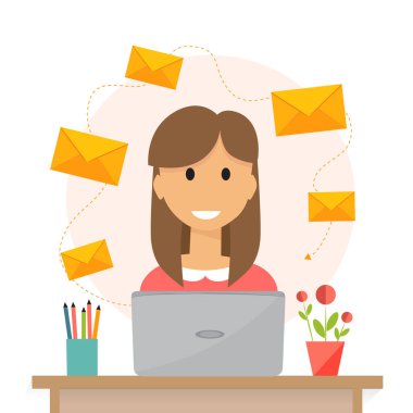 Dizüstü bilgisayarda çalışan bir kadın. E- posta ve iletişim konsepti, vektör illüstrasyonu