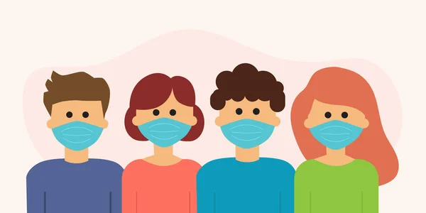 Persone Che Indossano Maschere Mediche Protezione Contro Virus Illustrazione Vettoriale — Vettoriale Stock