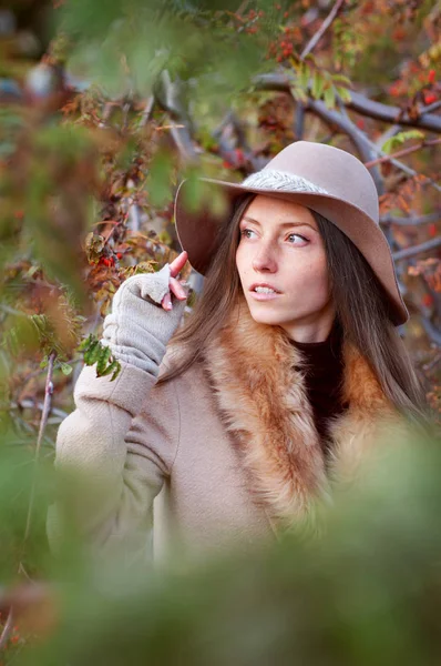 Niedliche rothaarige Frau zwischen Vogelbeerbüschen mit Fedora-Hut — Stockfoto