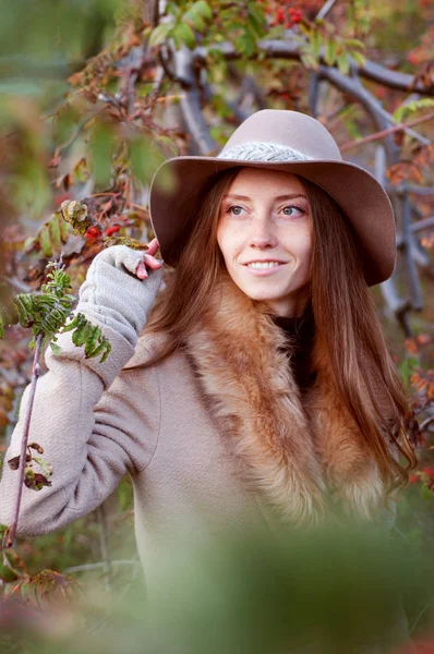 Mulher ruiva bonito entre arbustos romanberry usando chapéu fedora — Fotografia de Stock