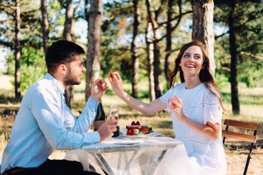 Yaz nişan pikniği. Masada oturan genç gelin akşam yemeği için servis yapıyor..