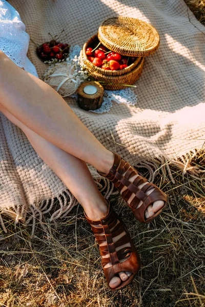 Romantico Picnic Due Giovani Amanti Donna Seduta Sulla Coperta — Foto Stock