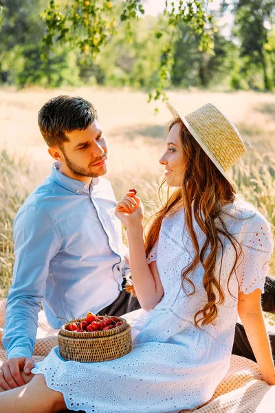 Mladí Lidé Užívají Piknik Venku Letním Večeru — Stock fotografie