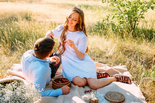 Mladí Lidé Užívají Piknik Venku Letním Večeru — Stock fotografie