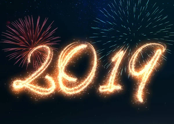 Ευτυχισμένο Νέο Έτος 2019 Γραμμένο Λάμψη Πυροτεχνήματα Εμφανίζονται Ένα Σκοτεινό — Φωτογραφία Αρχείου