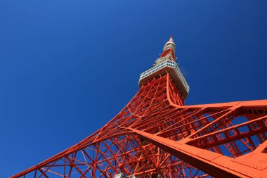 Aşağıdaki açık mavi gökyüzünden görünen çelik yapıyla inşa edilmiş renkli Tokyo Kulesi