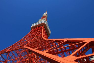 Aşağıdaki açık mavi gökyüzünden görünen çelik yapıyla inşa edilmiş renkli Tokyo Kulesi