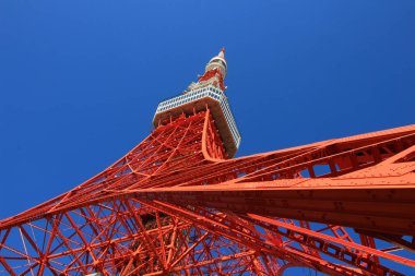 Aşağıdaki açık mavi gökyüzünden görünen çelik yapıyla inşa edilmiş renkli Tokyo Kulesi