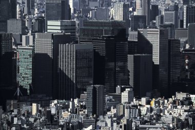 Tokyo, Kanda 'dan Otemachi' deki büyük ve küçük binaların tek renkli manzarası