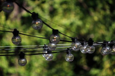 Parktaki festival için döşenmiş kabloda asılı klasik ampuller