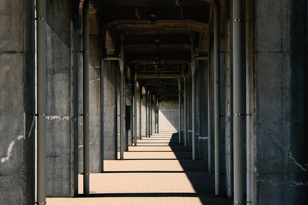 Scenery under the viaduct like a corridor lined with concrete columns