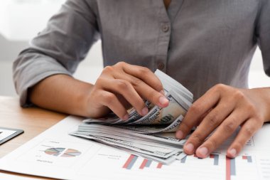 İş kadını para sayıyor ve yedek parayı iş için kullanmayı planlıyor. finansal, muhasebe kavramı.