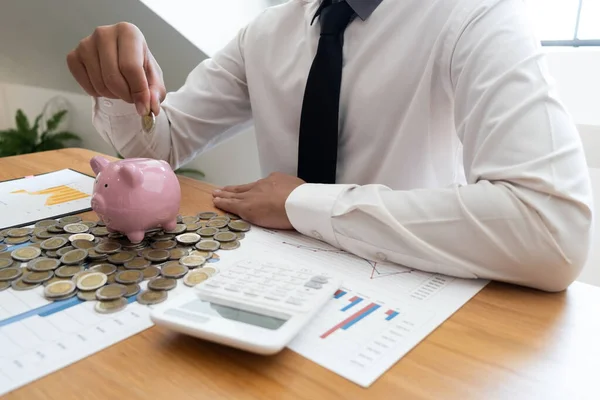 Businessman Putting Coin Glass Bottle Money Financial Accounting Concept — Stock Photo, Image