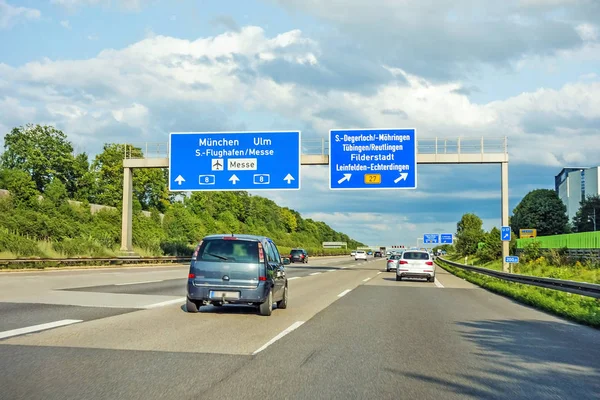 motorway road sign on (Autobahn A 8) direction Munich, Ulm - Airport / Messe, exit S Degerloch Mohringen, Filderstadt Leinfelden-Echterdingen B27