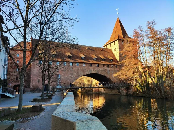 Nürnberg Deutschland Januar 2020 Historischer Anblick Schlayerturm Mit Brücke Kettensteg — Stockfoto