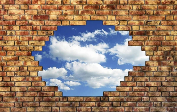 Brick Wall Break Trough See Blue Sky Clouds — Stock Photo, Image