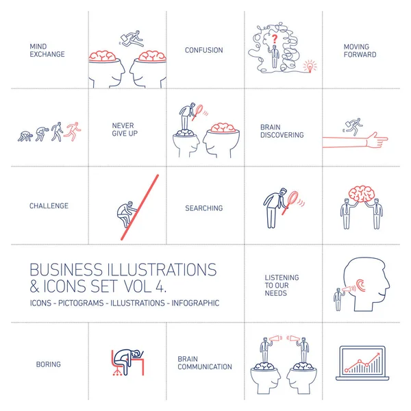Illustrazione aziendale e set di icone — Vettoriale Stock