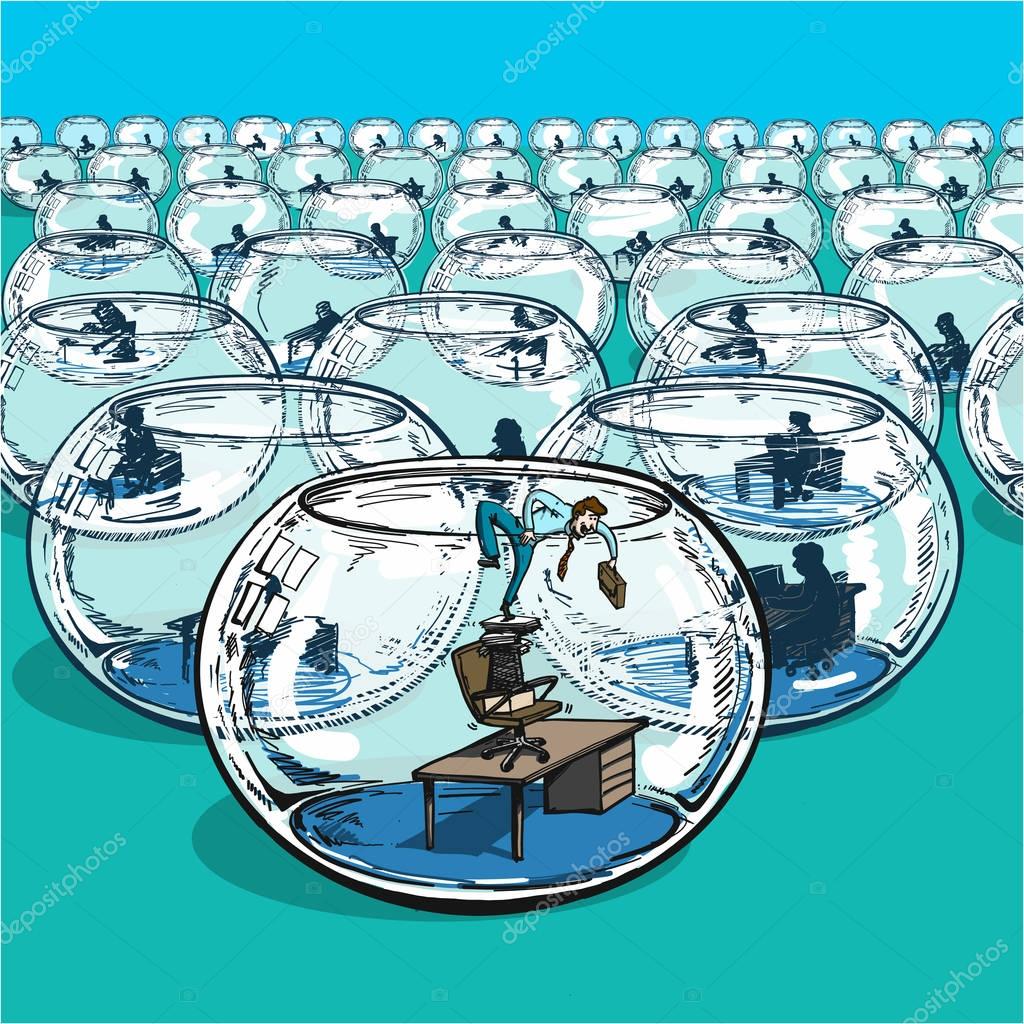 businessman escaping from fishbowls