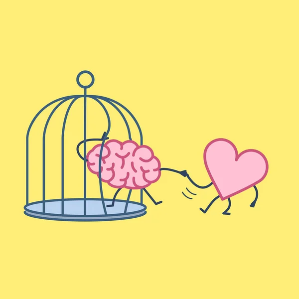 Corazón ayudando al cerebro a escapar de la jaula — Vector de stock