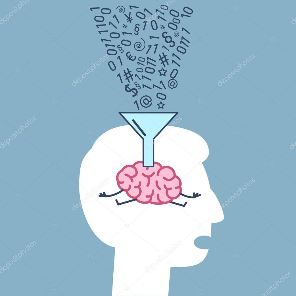 Brain in human head informations filling with funnel