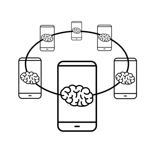 Rede cerebral conectada com smartphones — Vetor de Stock