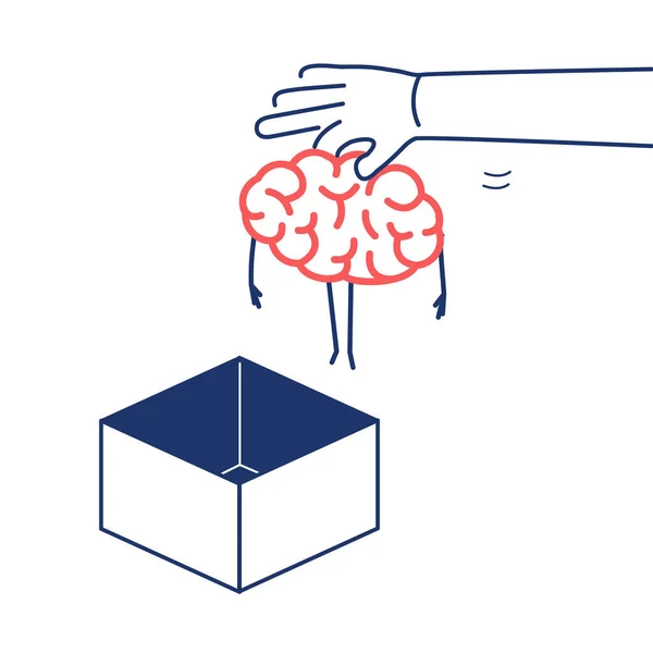 Mão colocando o cérebro fora da caixa — Vetor de Stock