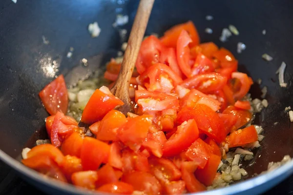 Preparing Cooking Authentic Homemade Tomato Sauce Pizza Pasta — Stock Photo, Image