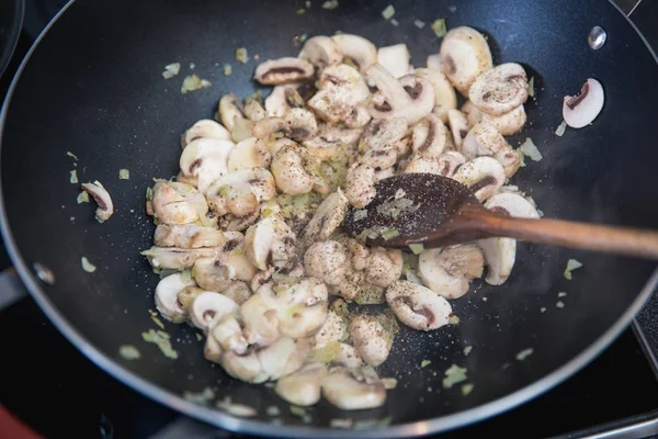 Koken Champignon Champignons Met Pan — Stockfoto