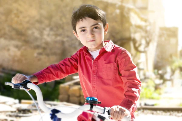 Cute Little Boy His Bicycle Sunny Day — Stock Photo, Image