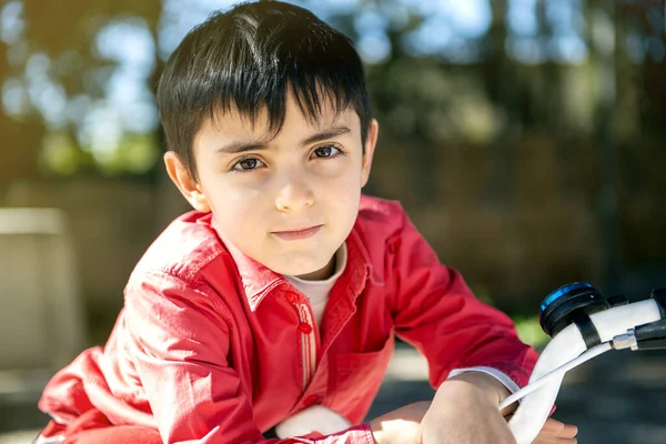 Cute Little Boy His Bicycle Sunny Day — Stock Photo, Image