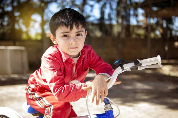 Cute Little Boy His Bicycle Sunny Day — Stock Photo, Image