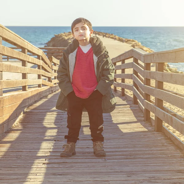 Young Boy Coat Sea Autumnal Atmosphere — Stock Photo, Image
