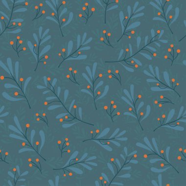 Mavi dal - Noel çiçekli pürüzsüz desen, omela, yaprak