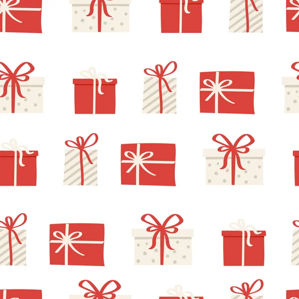 Vtipné červené a bílé dárkové krabice s lukem na roztomilé vánoční vzor — Stockový vektor