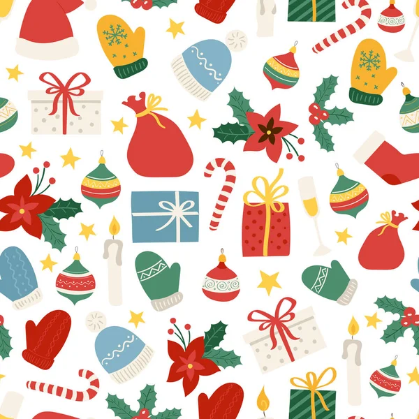 Patrón de Navidad Doodle con sombrero de santa, omela y bastón de caramelo — Archivo Imágenes Vectoriales