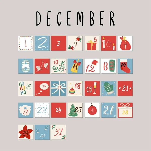 Забавный рождественский календарь с письмами от руки — стоковый вектор